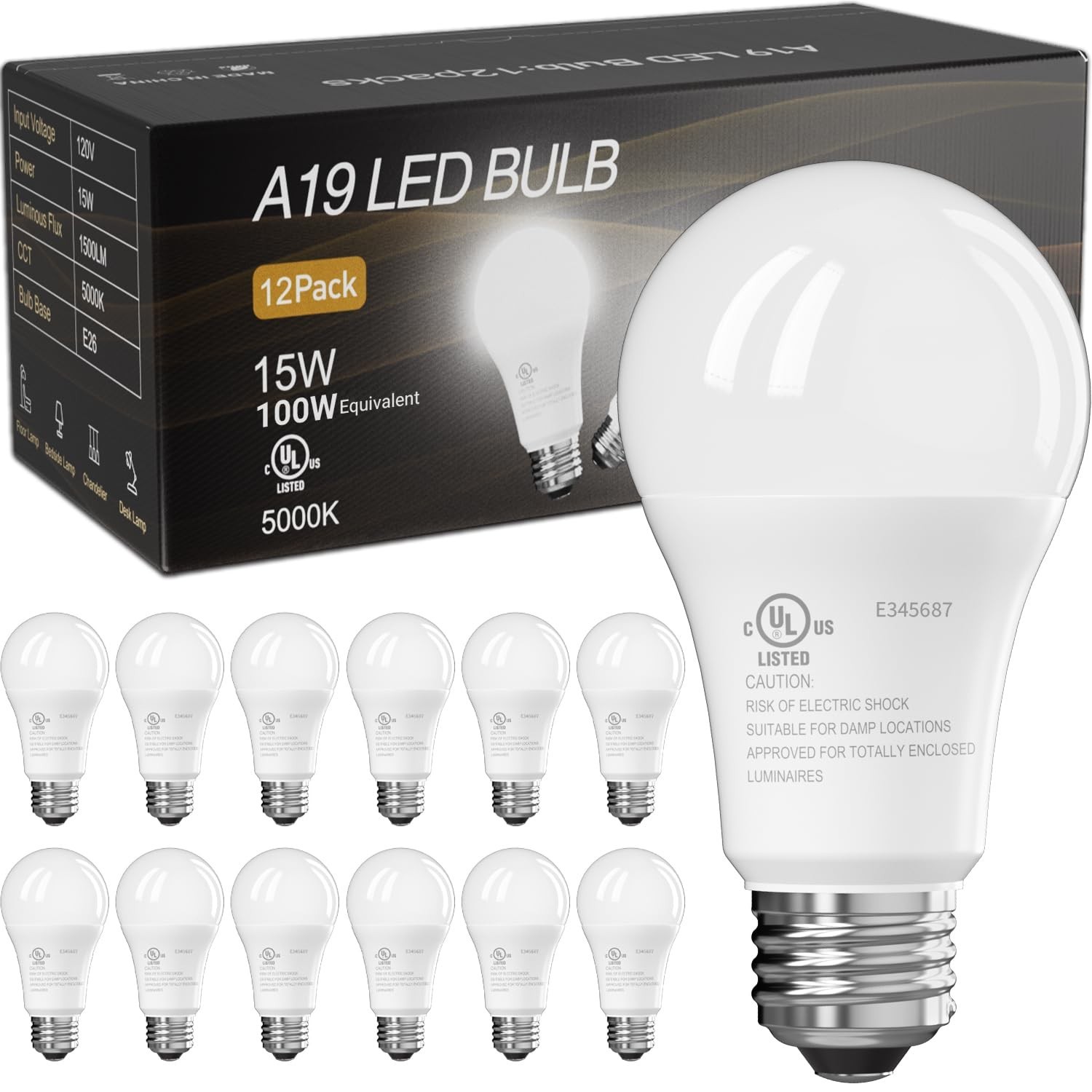 12 Pack A19 100W Equivalent Light Bulbs 1500LM 5000K Daylight E26 Non-Dimmable gallery