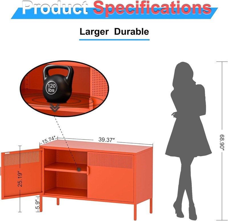 Elegro 25"Orange Metal Sideboard Storage Cabinet For Home,Office,Entryway,Garage gallery