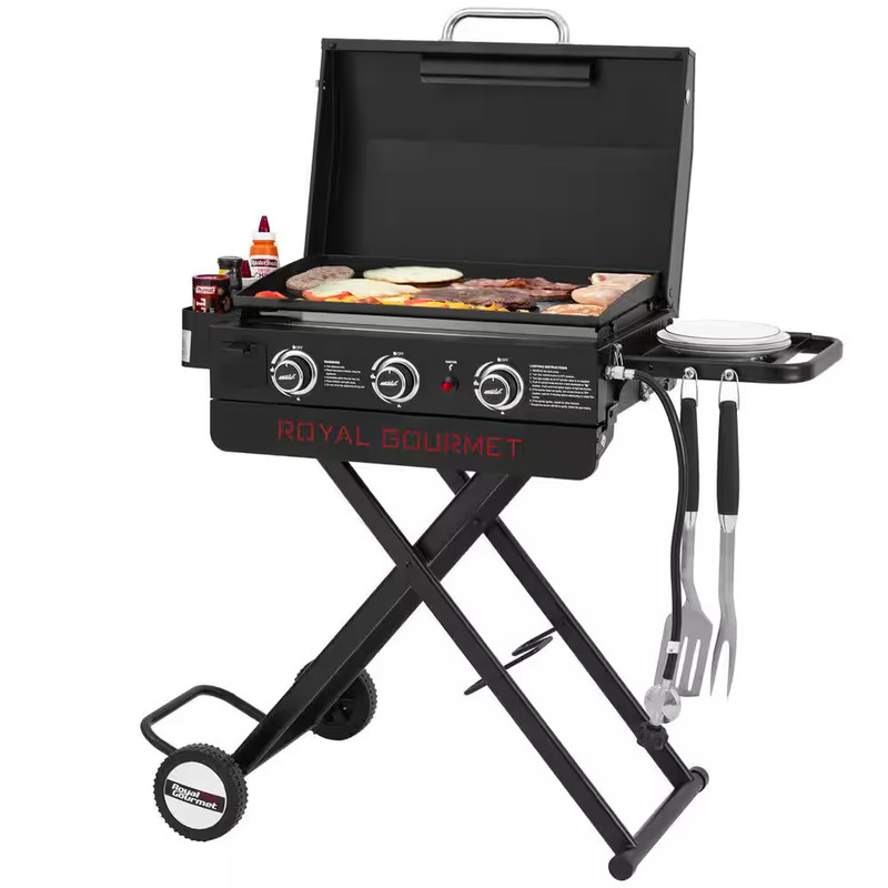 23 In. 3-Burner Propane Gas Griddle with Collapsible Stand and Side Shelf, Left gallery