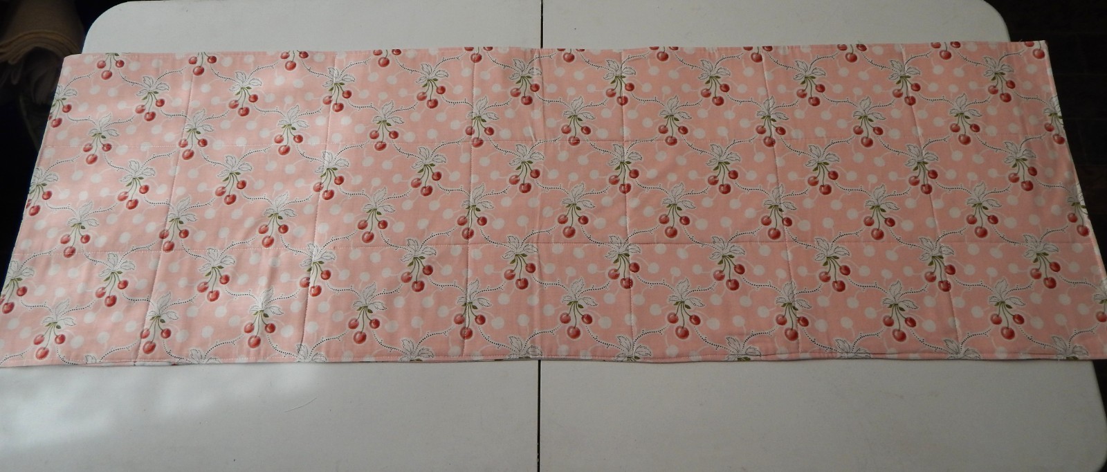 HANDCRAFTED REVERSIBLE QUILTED 42" "PATCHWORK & CHERRIES PRINT" TABLERUNNER gallery