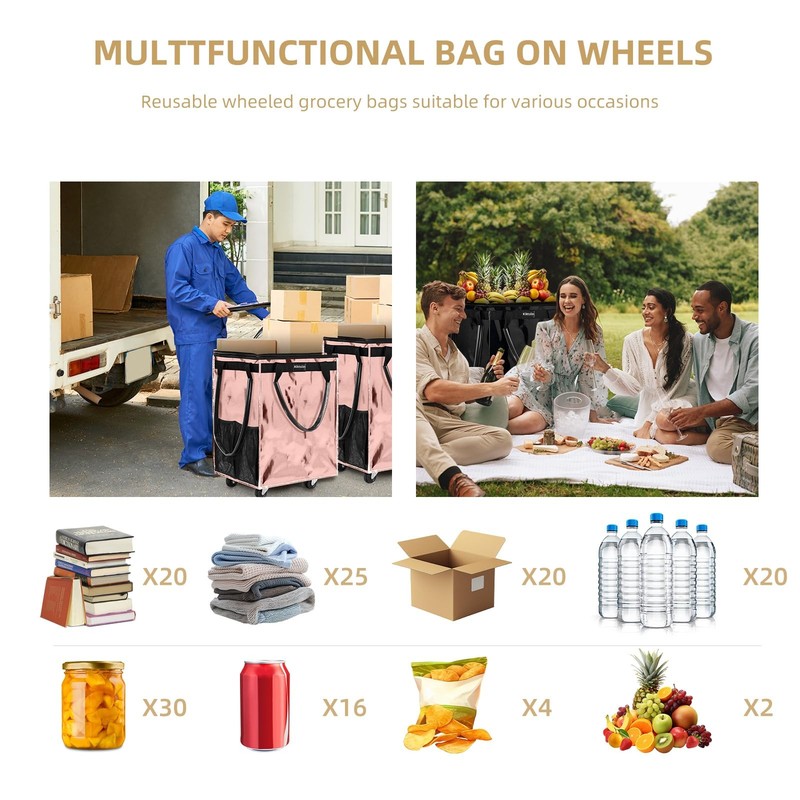 (Medium, Rose Gold) Reusable Grocery Bag on Wheels, Foldable Rolling Tote Carrie gallery