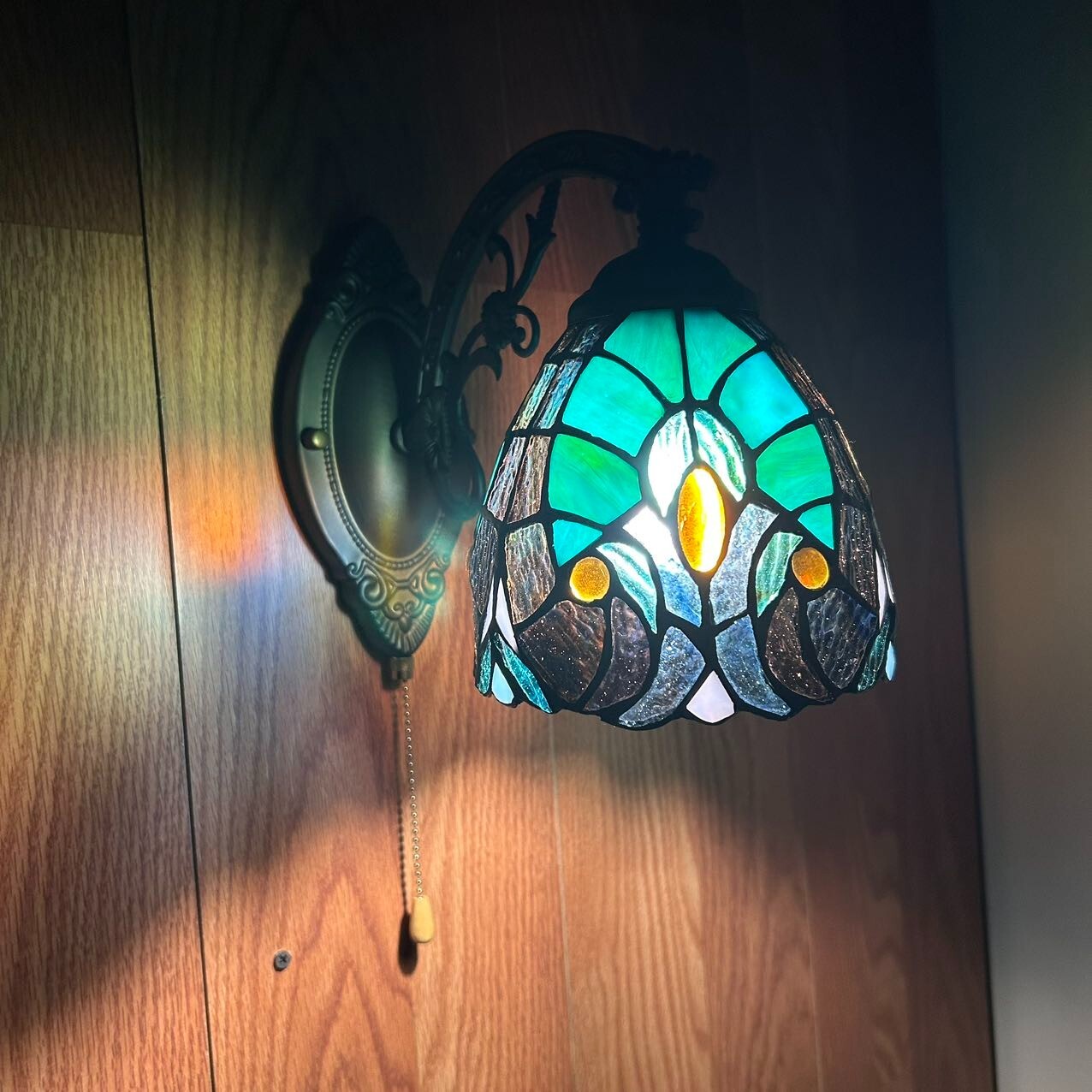 Tiffany Style Sconce Lamp Green Brown Stained Glass LED Bulb 6"W*11"D*9"H gallery