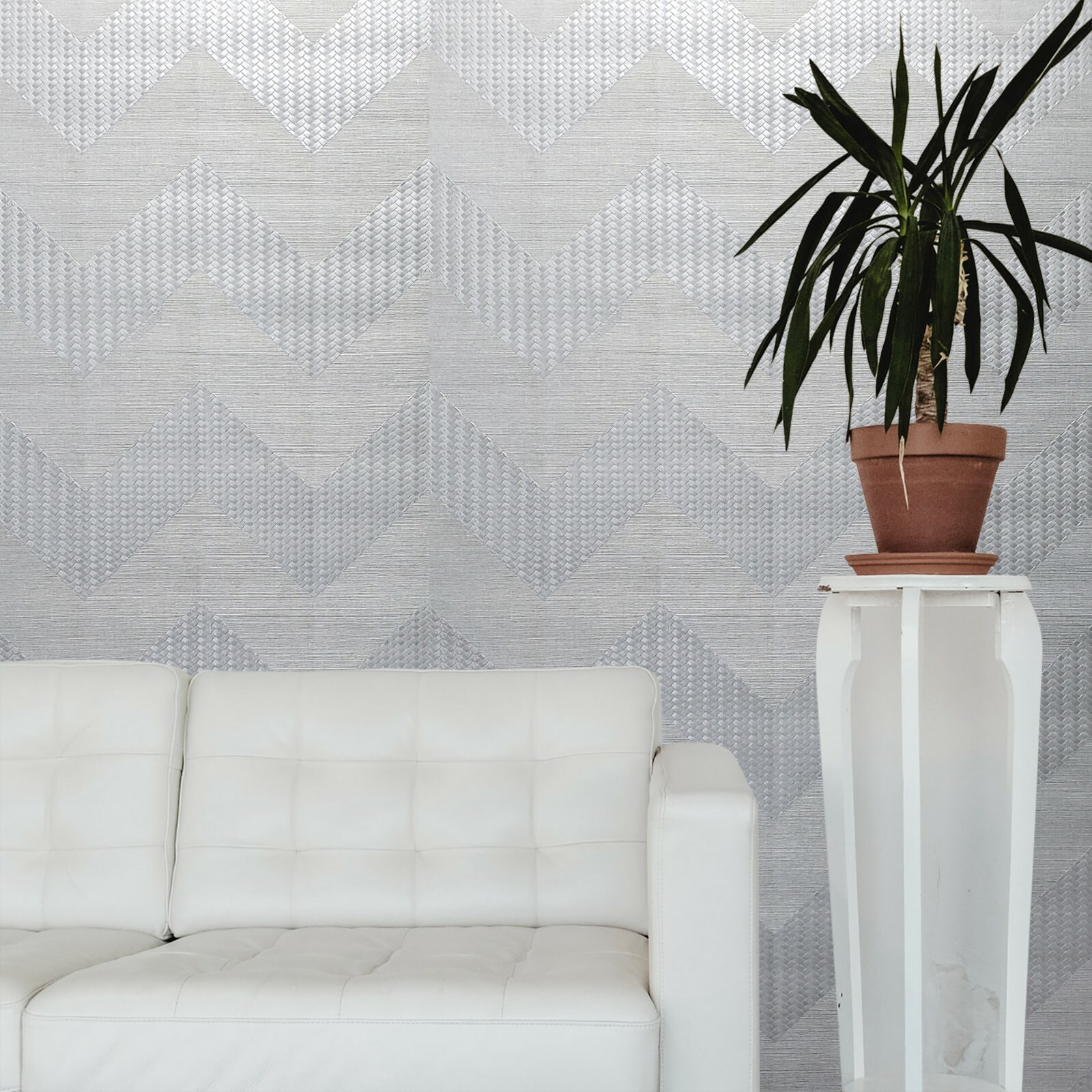 Modern Wicker bamboo zig zag Chevron Silver Gray Metallic textured Wallpaper 3D gallery