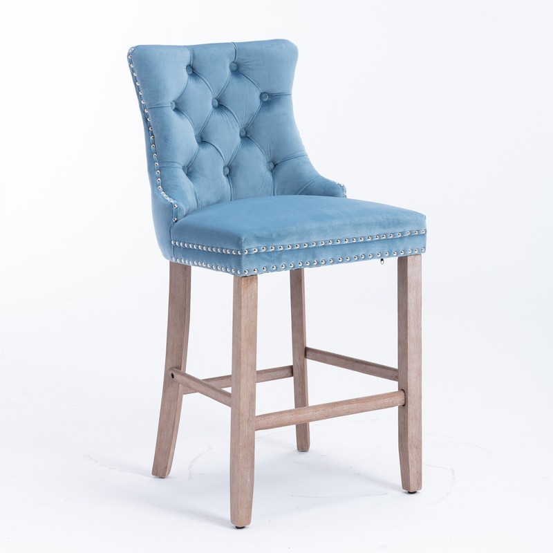 Contemporary Velvet Upholstered Barstools with Button Tufted Decoration and Wo gallery
