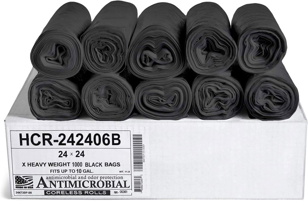 High Density Trash Bags 10 Gallon, 1000 Count, 6 Micron 24" X 24" BLACK, NEW gallery