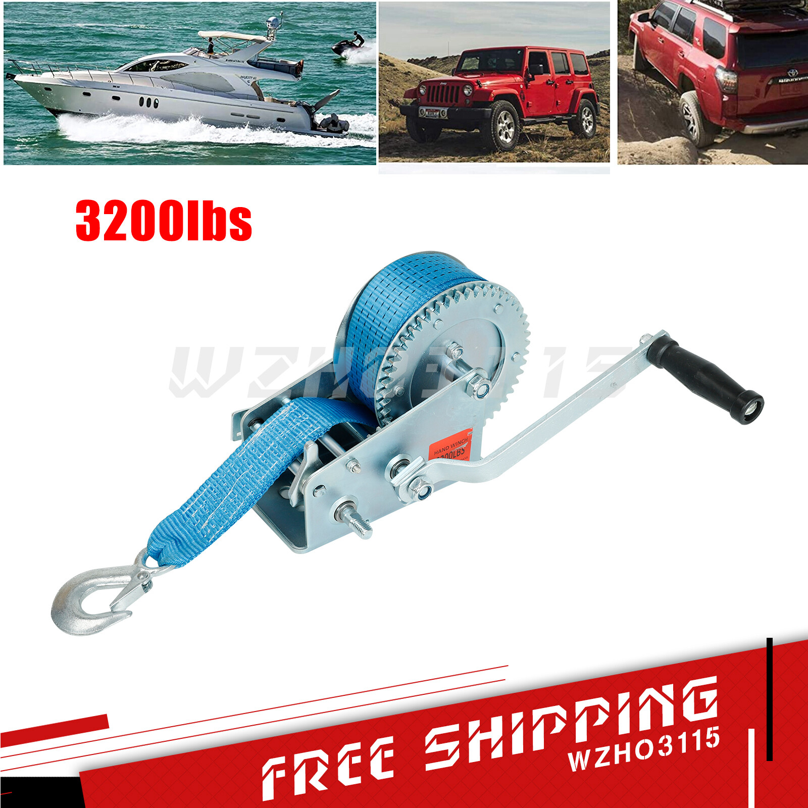 3200lbs Hand Winch Polyester Strap 2 Gear Crank Boat ATV Trailer RV Blue gallery