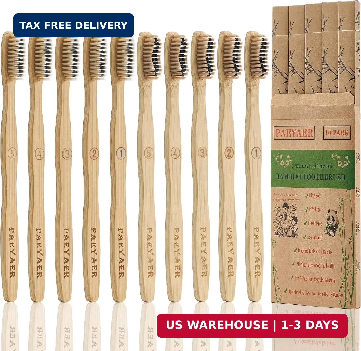 10 Count Bamboo Toothbrush (Soft+Medium) Charcoal Toothbrushes, Natural Wood Too gallery