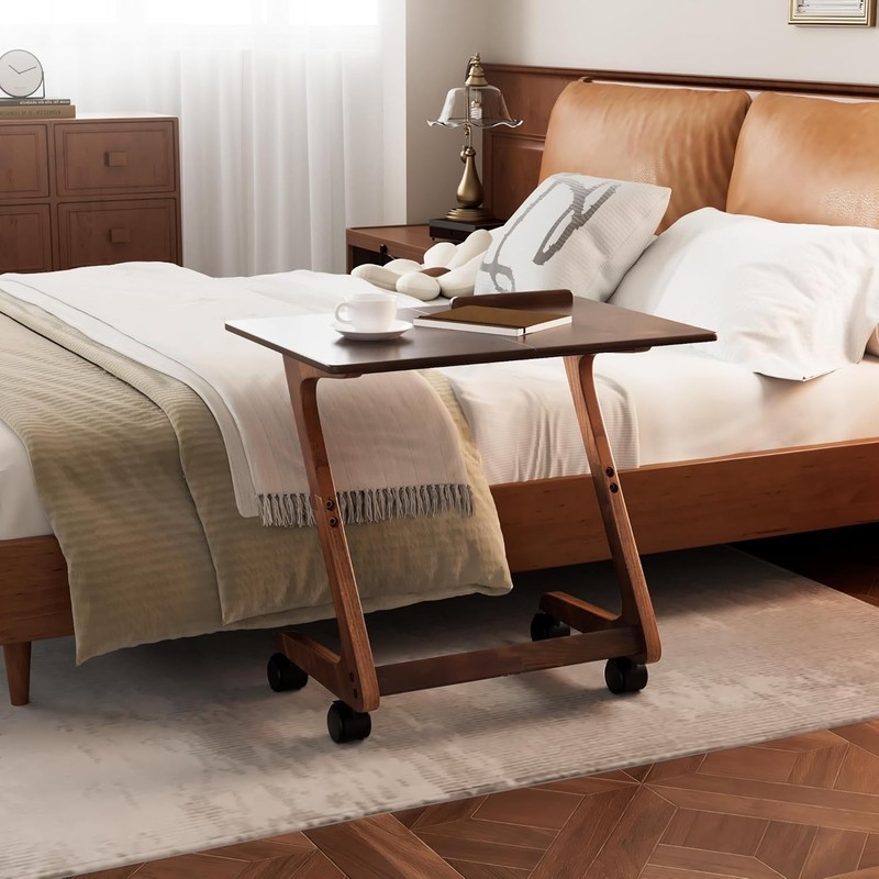 Stylish Dark Walnut Sofa Side Table with Casters - Perfect for Eating & Reading gallery