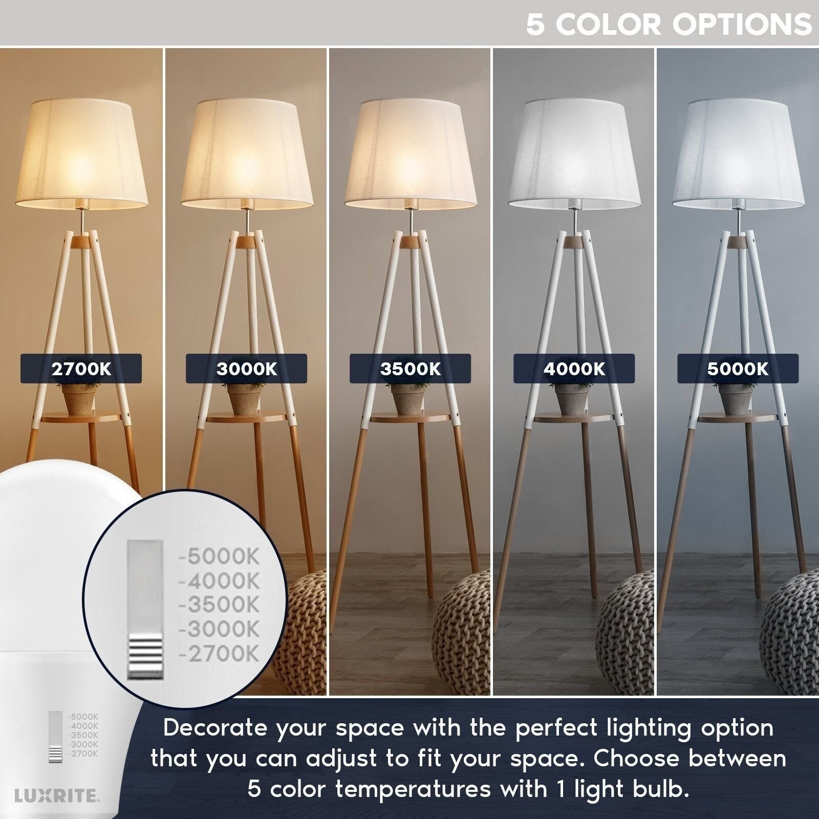 Luxrite A19 LED Light Bulb 5CCT Dimmable 1100LM 11W E26 ETL 4 Pack gallery