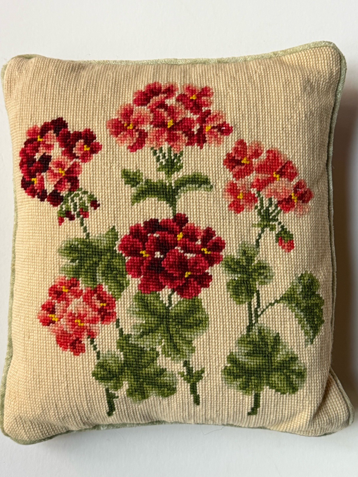 Rare Vintage *NEEDLEPOINT Floral Red GERANIUMS DECORATIVE PILLOW SHAM Flowers gallery
