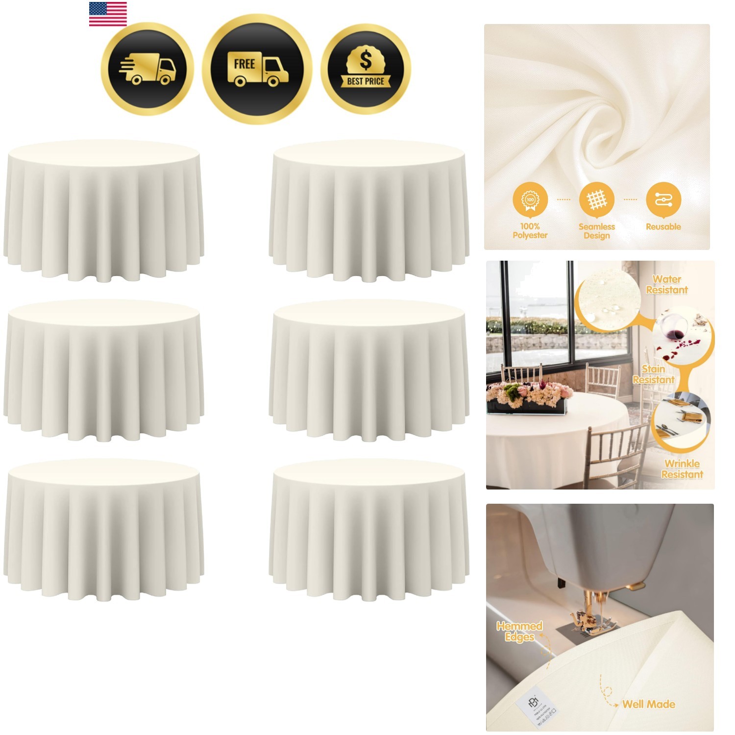 6 Pack Ivory Round Tablecloths 120 Inch for 60” Tables - 150 GSM Polyester Fa... gallery
