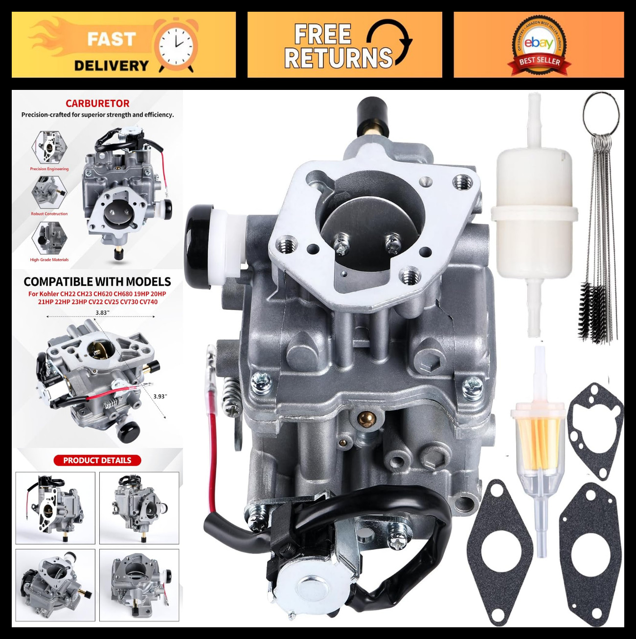 Carburetor Replacement for Kohler CH22 CH23 CH620 CH680 19HP-23HP with Gasket gallery