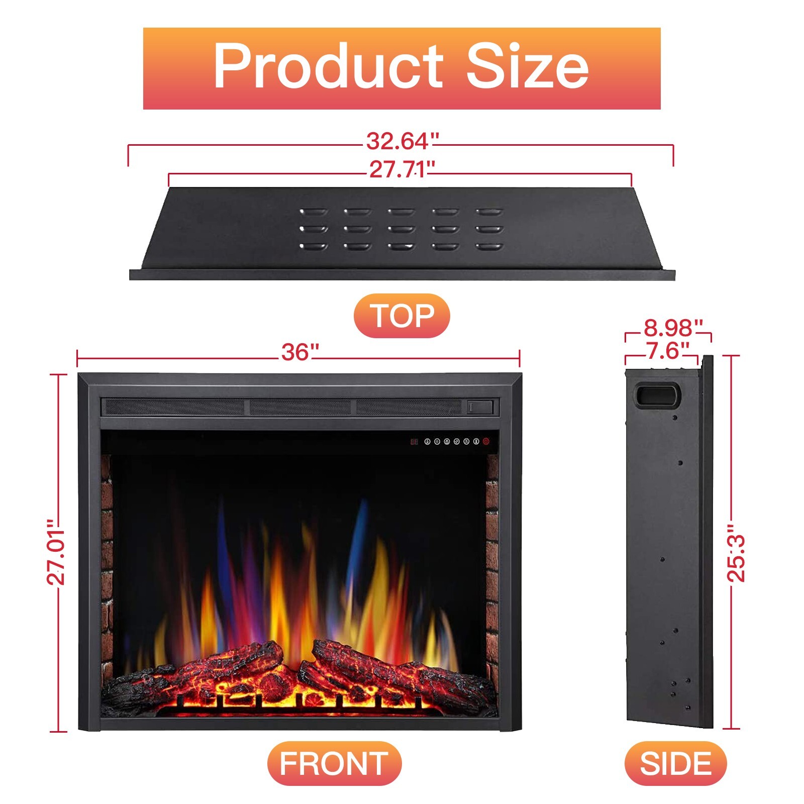 R.W.FLAME 36'' Recessed Electric Fireplace Insert,Remote Control,750W-1500W gallery