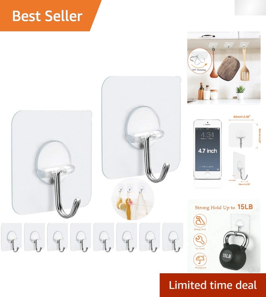 15LB Max Rotatable Adhesive Hooks - Seamless, Waterproof, 10 Pack for Easy Use