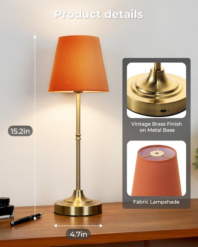 Cordless Rechargeable Lamp Touch Dimmable 5200mAh Wireless 3 Fabric Shade Brass gallery