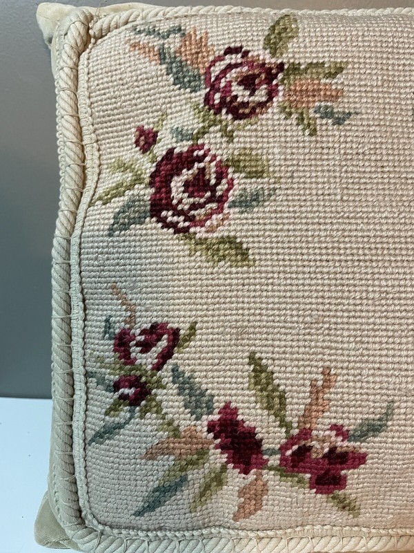 Petit Point Needlepoint Accent Pillow Simply Shabby Chic Cottage Floral Roses gallery