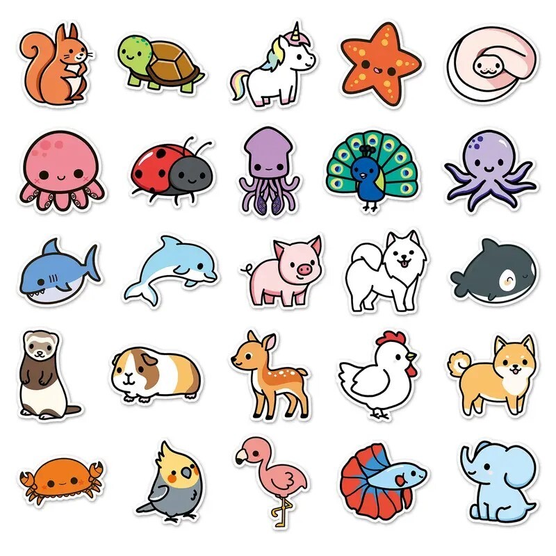50 Random Cute Fun Cartoon Art Realistic Waterproof Animal Stickers Size Small gallery