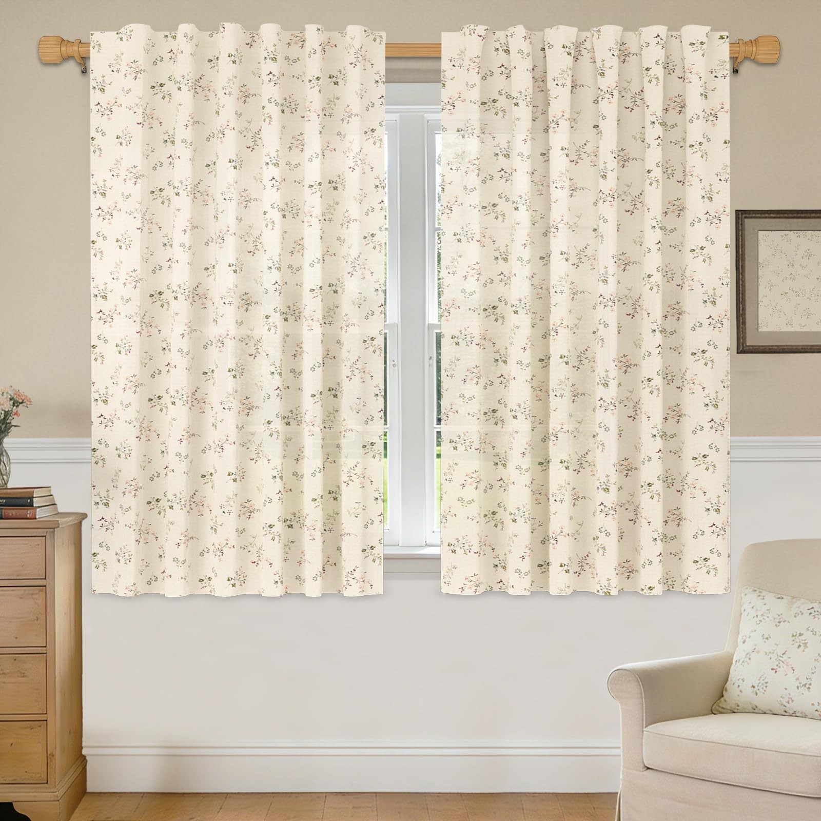 Linen Light Filtering Farmhouse Curtains 63 Inch Length 2 Panels, Floral Prin... gallery