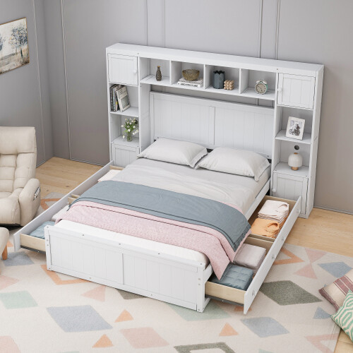 Solid Wood Platform Bed Frames w/ Storage Drawers Bookshelves Bedroom Furniture gallery