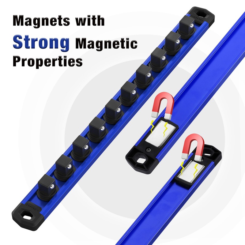 WORKPRO Magnetic Socket Organizer Set, 3-Piece Aluminum Alloy Socket Rail Blue gallery