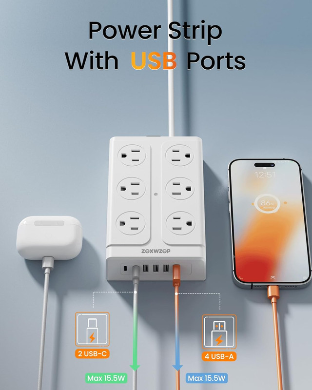 Surge Protector Power Strip - 12 Outlets(1850W/15A/14Awg) 6 USB Ports（2 USB C, 6 gallery