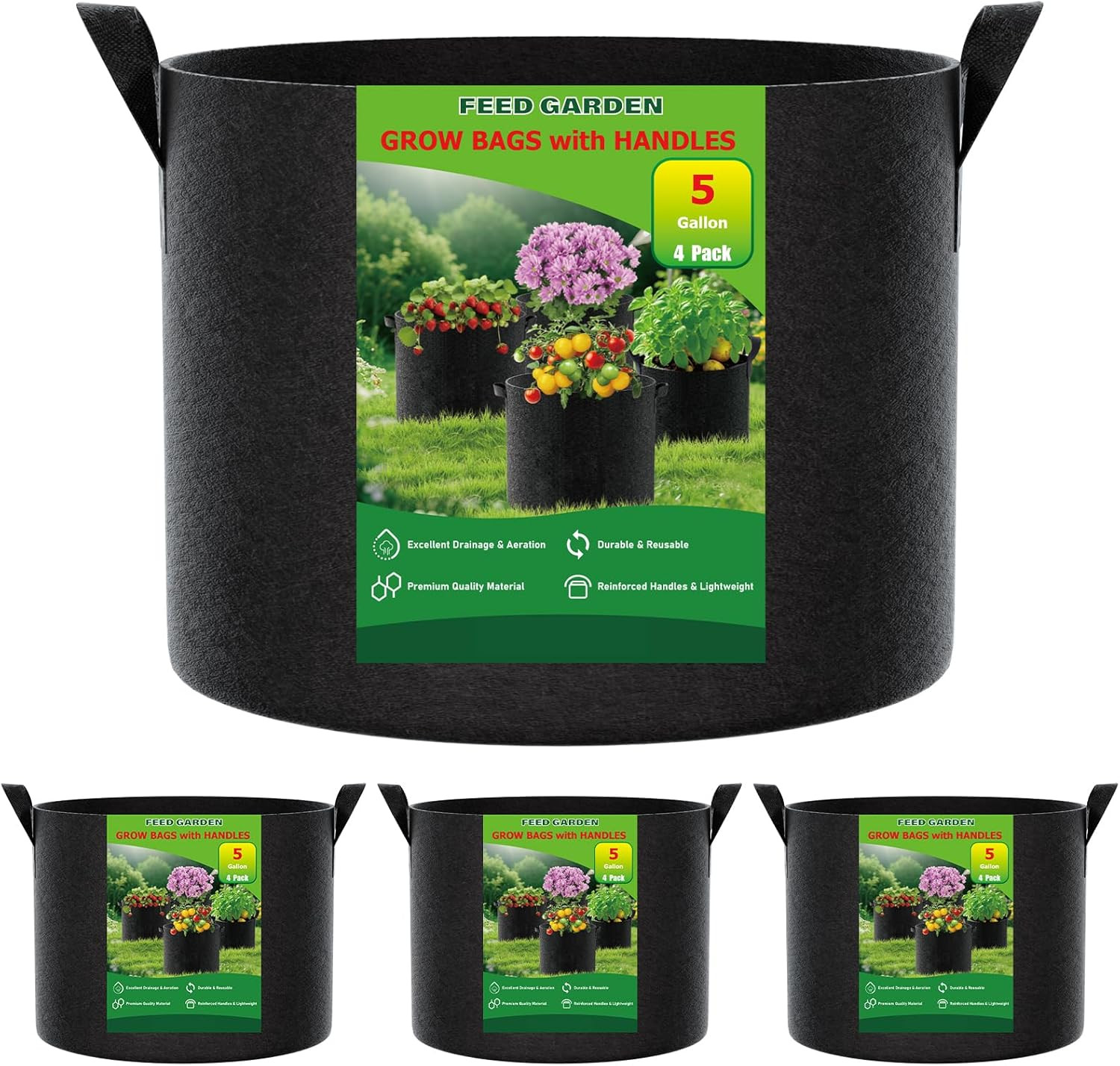 5 Gallon Grow Bags 4 Pack – 300G Thickened Fabric Plant Pots with Reinforced Han gallery