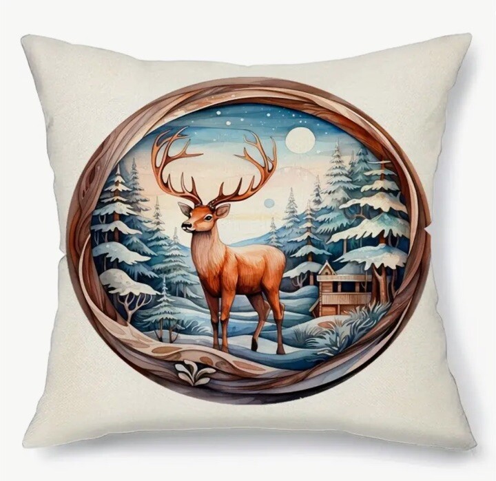 Deer Trees Nature Scandinavian Cabin Nordic Linen Throw Pillow Cover Home Decor gallery