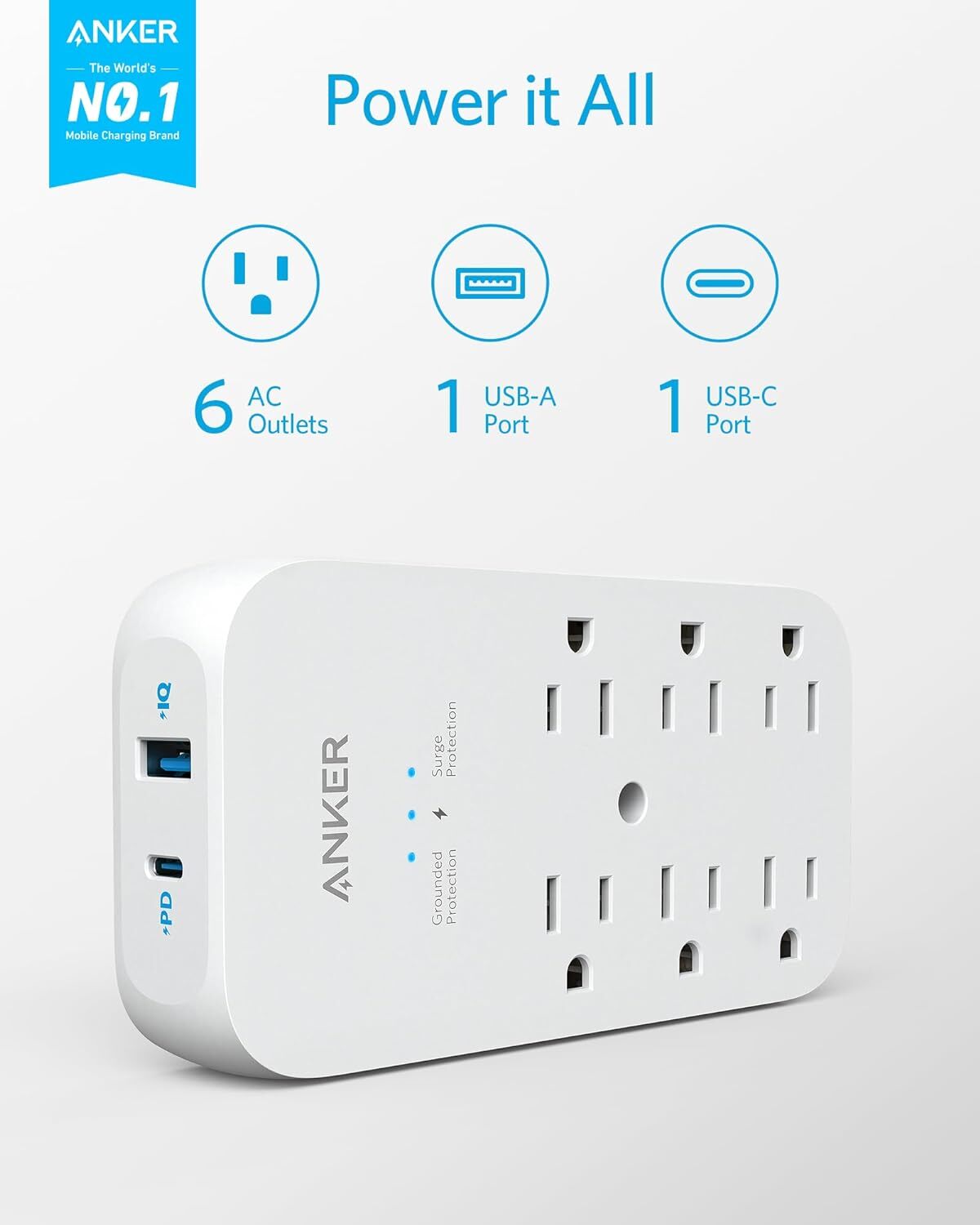 Anker Outlet Extender and USB Wall Charger, 6 Outlets and 2 USB Ports, 20W USB C gallery