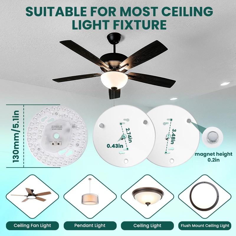 5.1inch Ceiling Fan LED Light Replacement, 24W 2100Lm Ceiling Fan Light kit,3... gallery