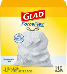 Glad Forceflex Tall Kitchen Drawstring Trash Bags, 13 Gal, Fragrance Free, 110 C