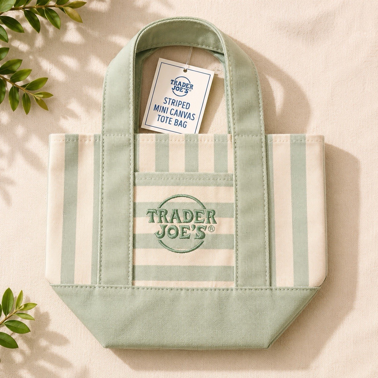 Trader Joe’s Striped Mini Canvas Tote Bag Set of 4 Pink Blue Green Beige Reuse gallery