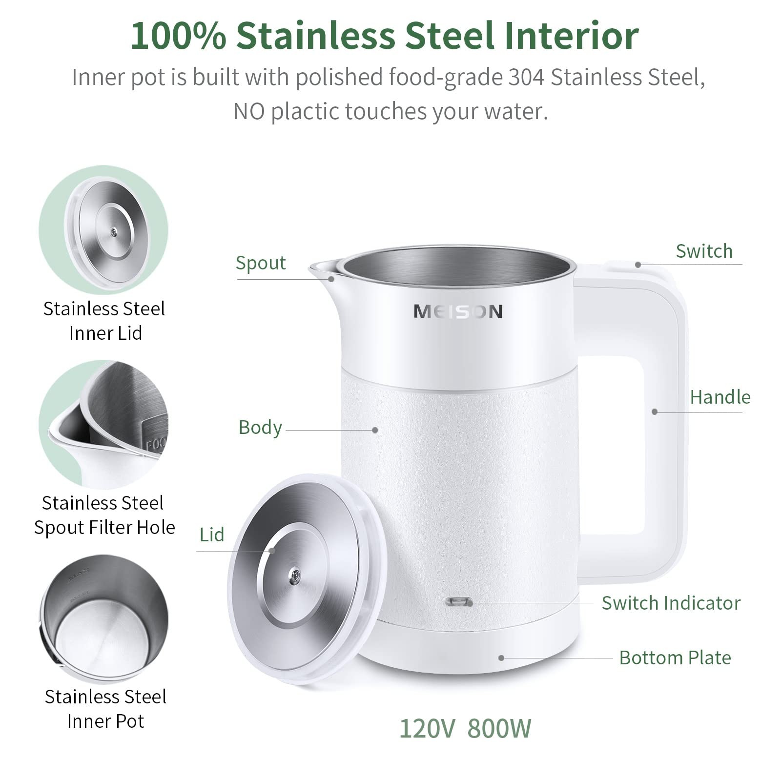 0,6L Small Electric Kettle Stainless Steel Travel Mini Double Wall White gallery