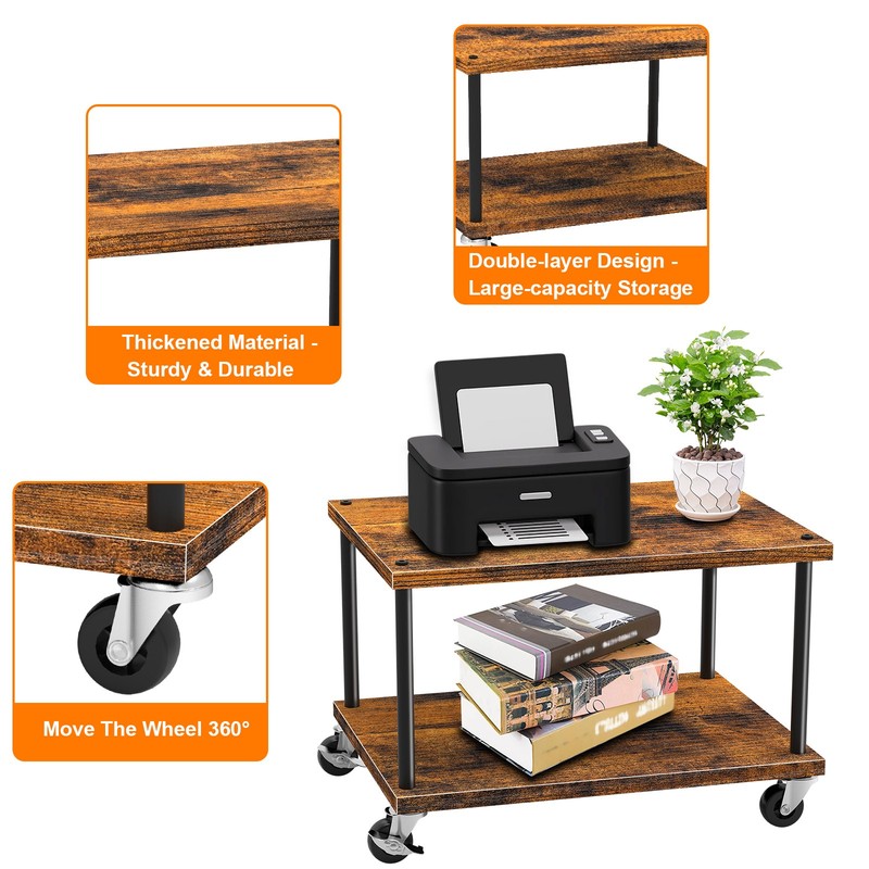 2-Tier Under Desk Printer Cart with Shelf, Mobile Heavy Duty Storage Rack, Brown gallery