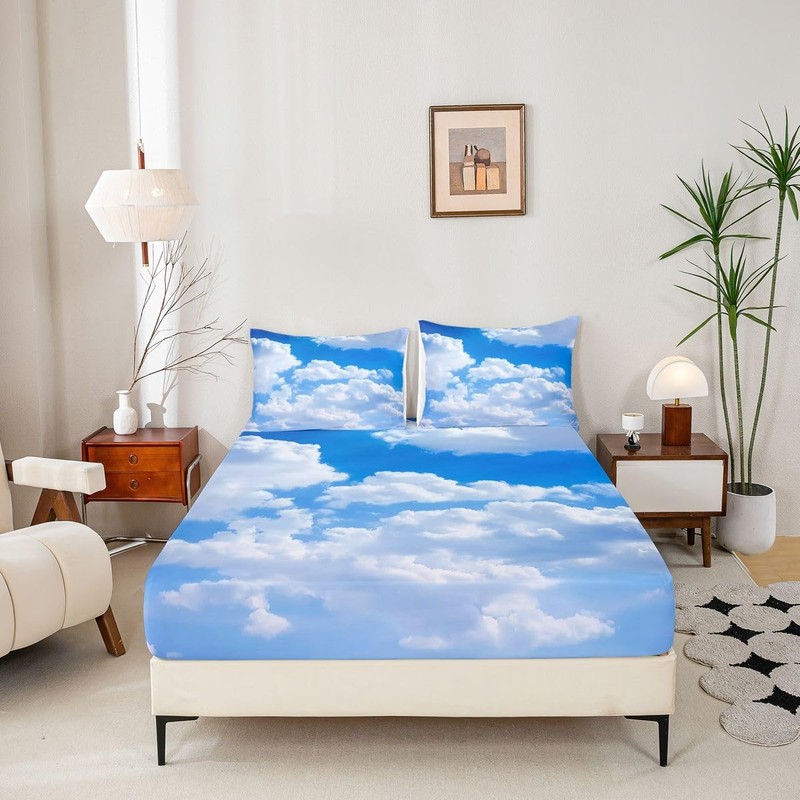 Blue Sky and White Clouds Sheet Set Twin Size for Boys Teens, Kawaii Fitted S... gallery