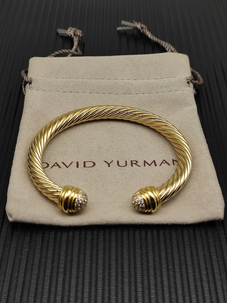 David Yurman 18k Yellow Gold Cable Cuff Bracelet w/ Round Pavé Diamonds gallery