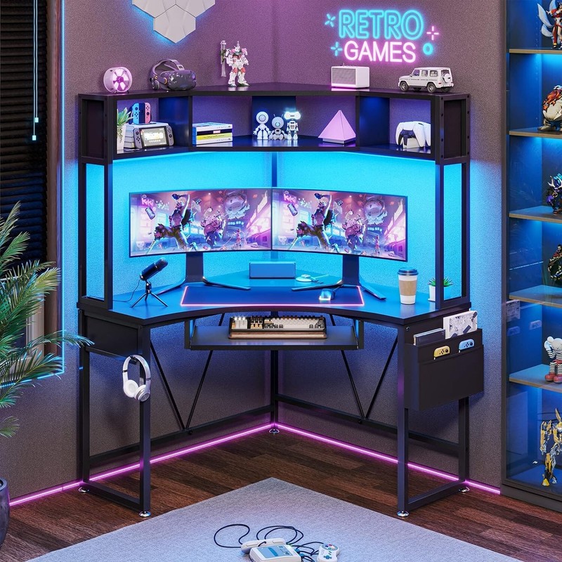 Triangle Corner Computer Desk with Keyboard Tray Home Office Desk w/ LED Lights gallery