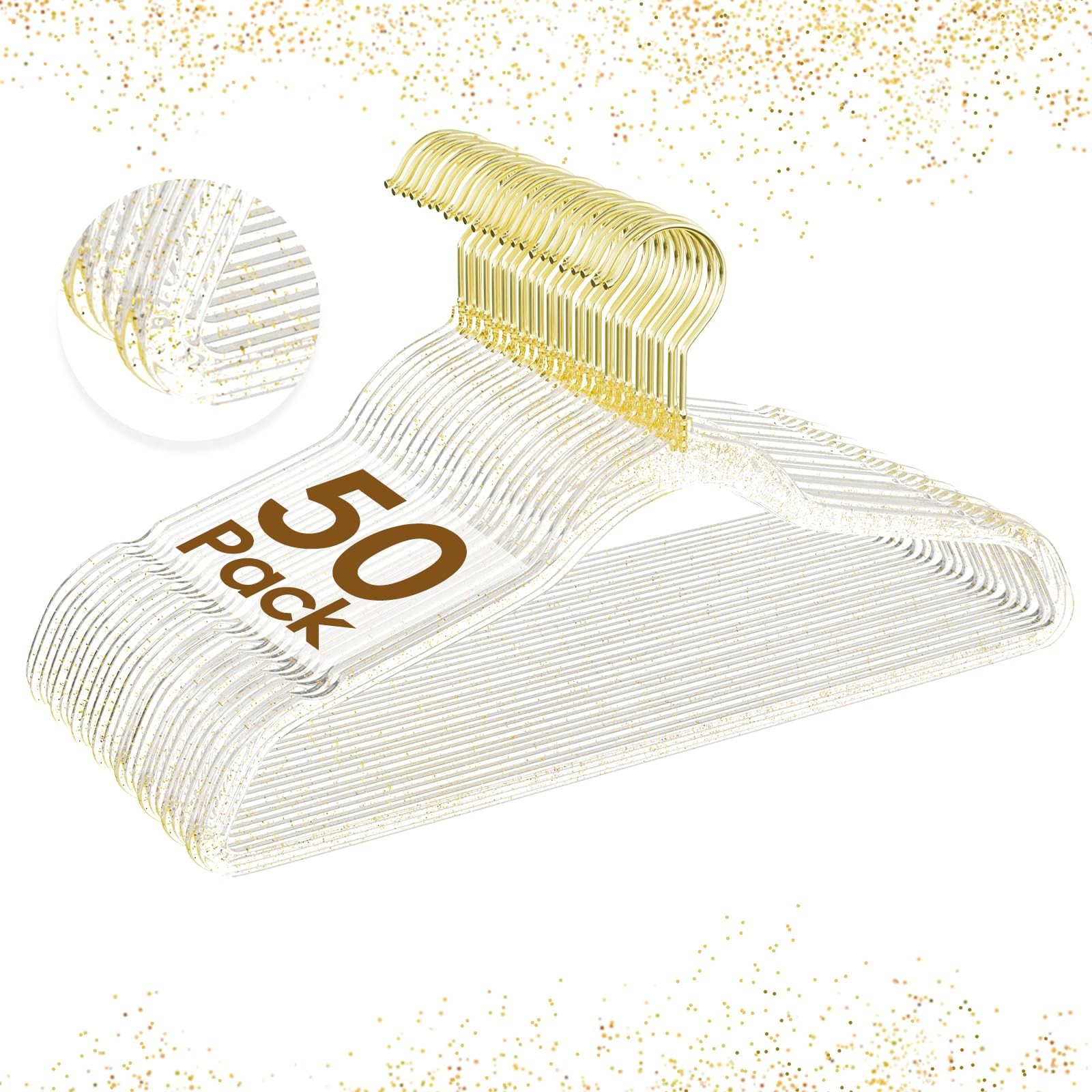 50 Pack Clear Plastic Hangers with Gold Glitter, Acrylic, Ultra Slim, Space New gallery