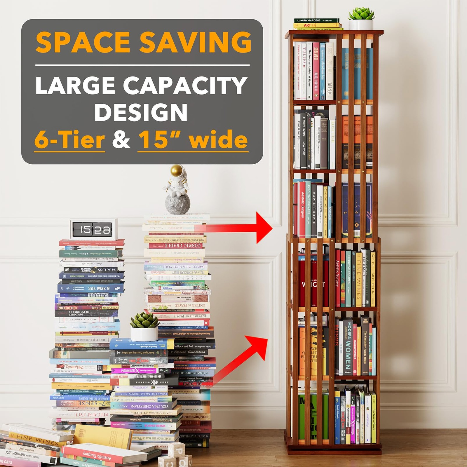 6 Tier Rotating Bookshelf Tower, Bamboo Spinning Book 6 Tier, 67.5" H Walnut gallery