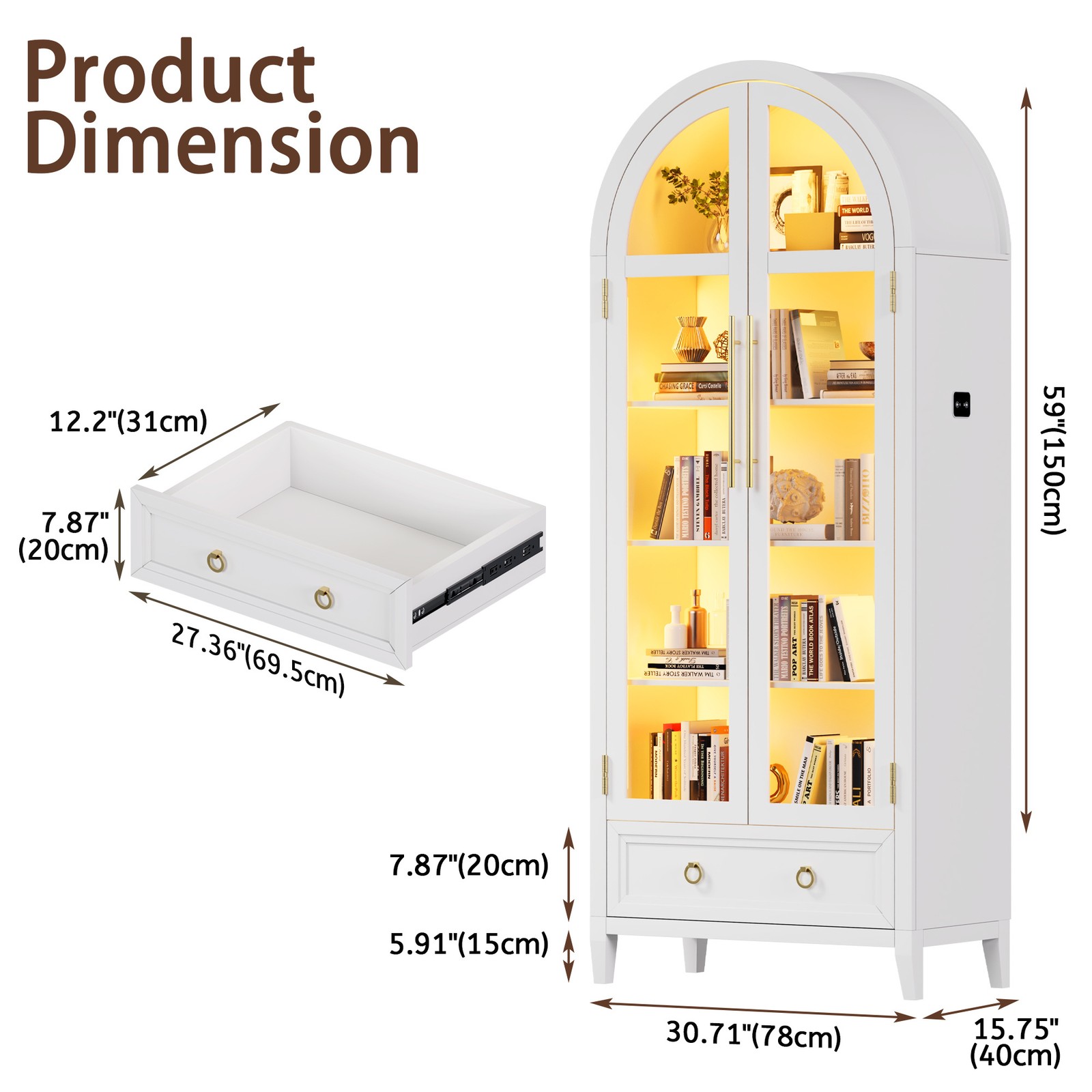 Arched Display Cabinet with Glass Doors, LED Storage Cabinet with Human Sensor gallery