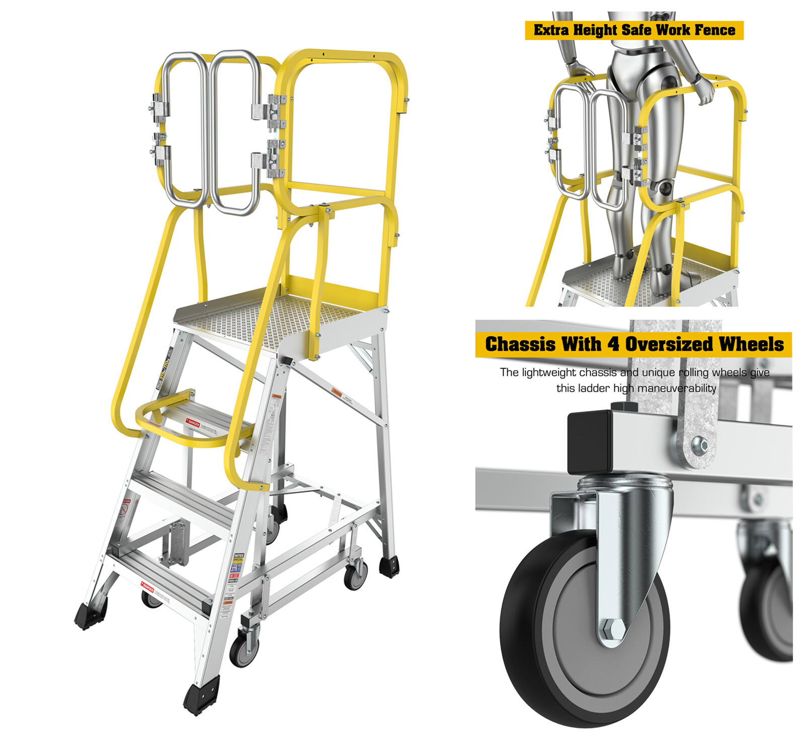 4 Step 375lbs Aluminum Rolling Platform Step Ladder with Safety Guardrail Fence gallery
