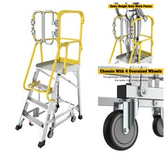 4 Step 375lbs Aluminum Rolling Platform Step Ladder with Safety Guardrail Fence