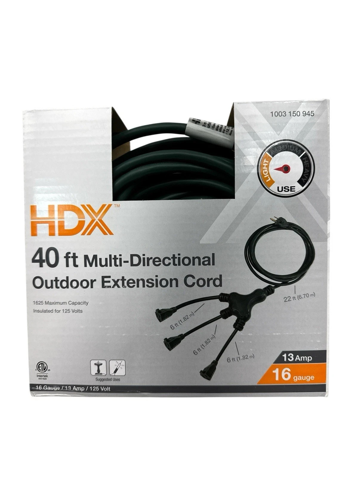 HDX 40’ 16/3 Multi-Directional Outdoor Extension Cord, 1-to-3 Splitter 40 Foot gallery