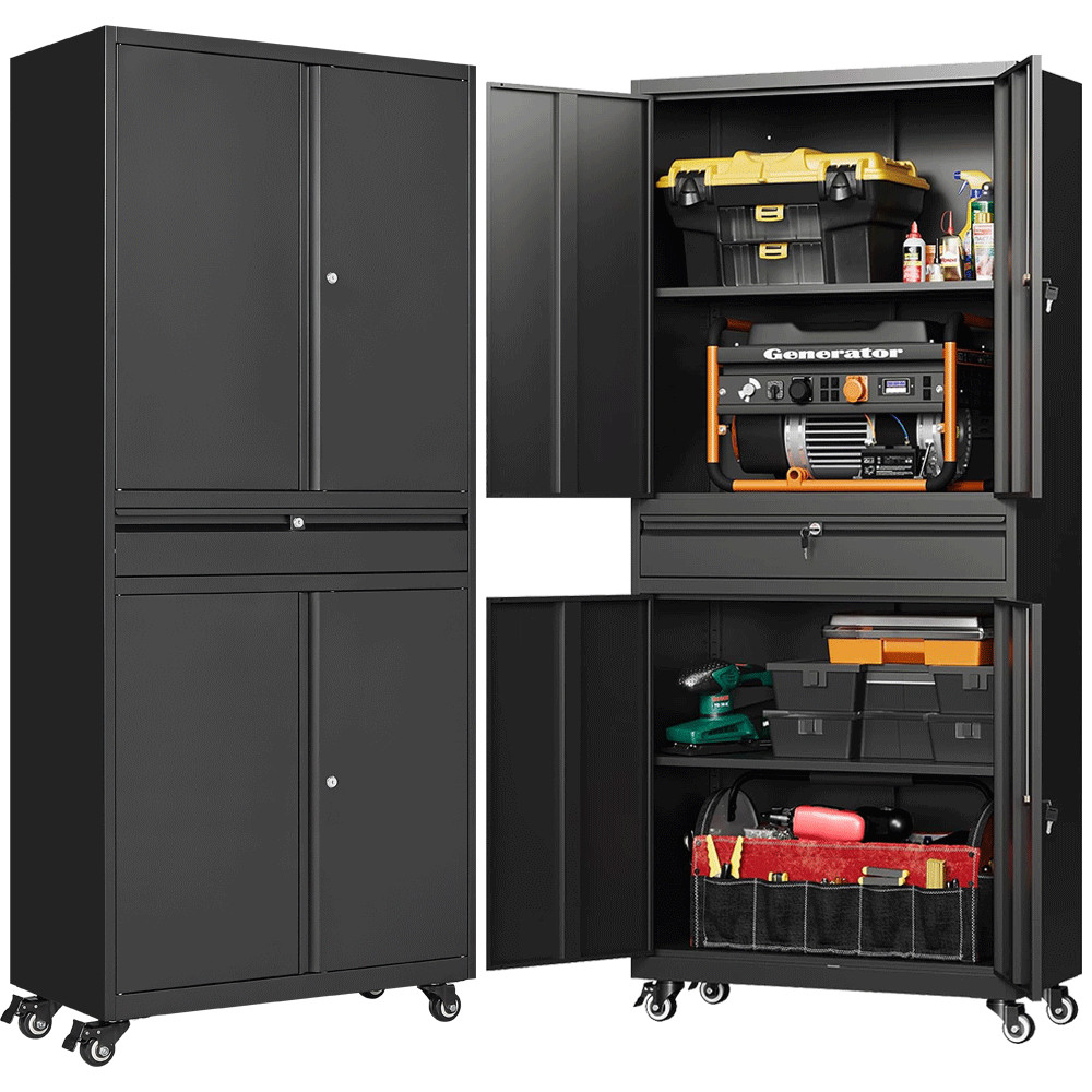 Metal Garage Storage Cabinet with Wheels,Rolling Cabinet with 4 Doors for Home gallery
