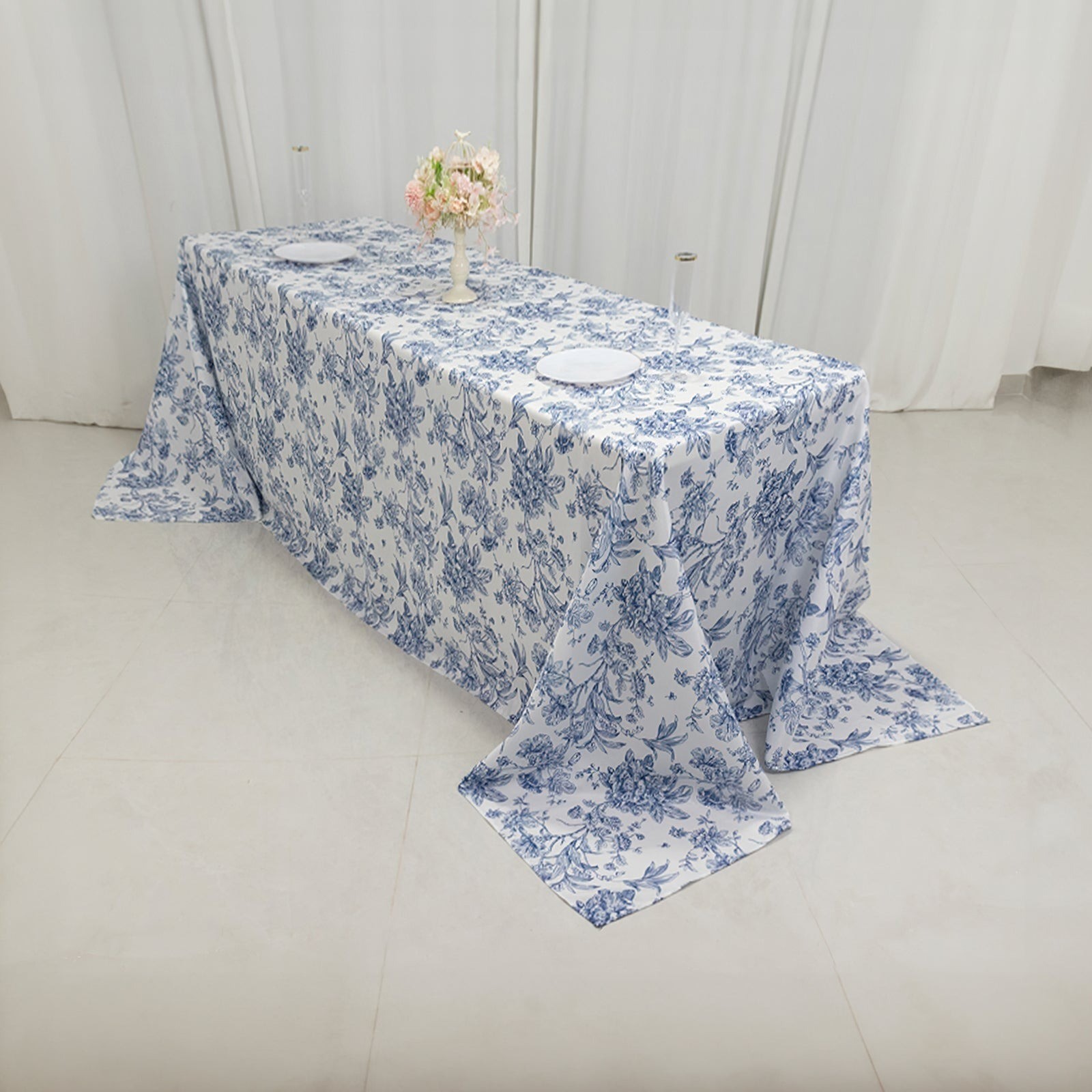 90" x 132" Blue French Toile Pattern Polyester Rectangular Tablecloth gallery