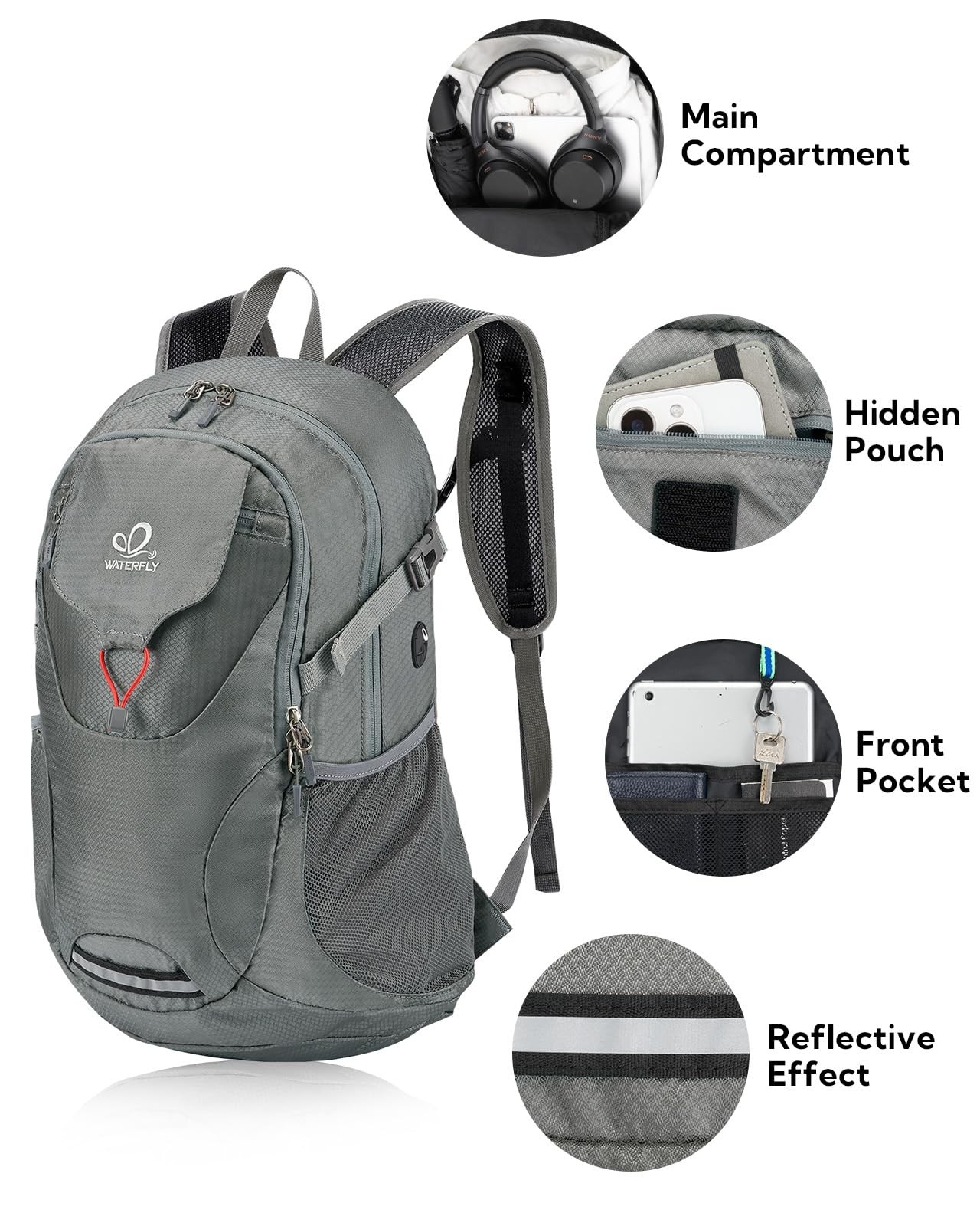 Grey 30L Lightweight Packable Hiking Backpack Foldable Travel Daypack Bag 3