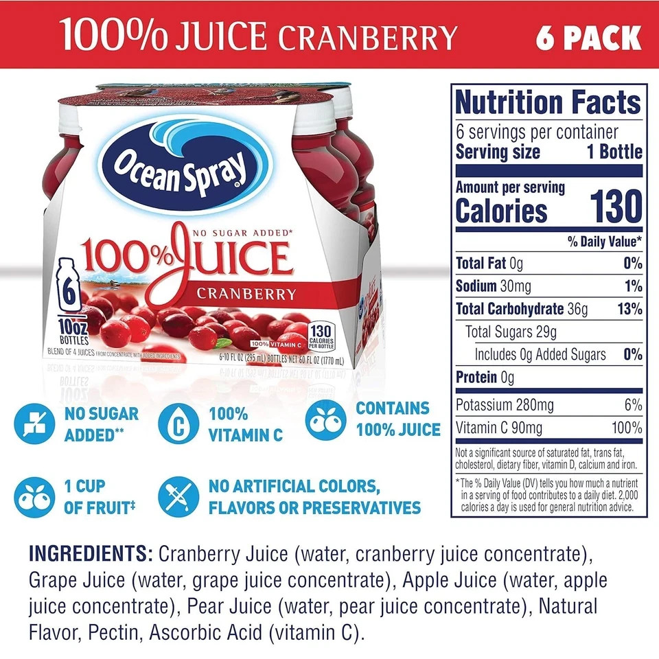 Ocean Spray® 100% Juice Cranberry Juice Blend, 10 Fl Oz, 6 Count (Pack of 1) gallery