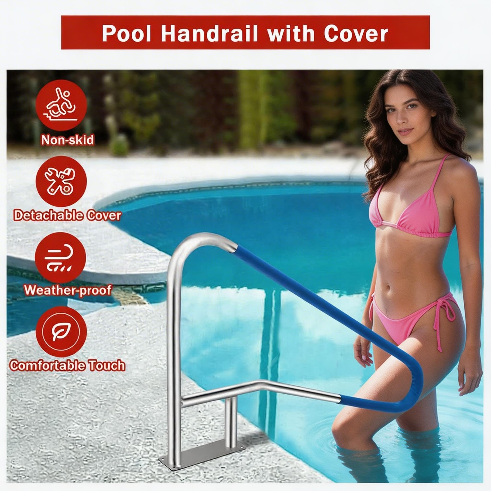 55" x 32" 304 Stainless Steel Pool Handrail 375lbs Safety Handrails w/Grip Cover gallery