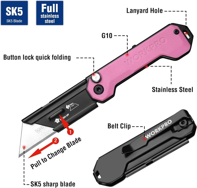 WORKPRO EDC Folding Utility Knife Foldable Small Pocket Knife with Belt Clip New gallery