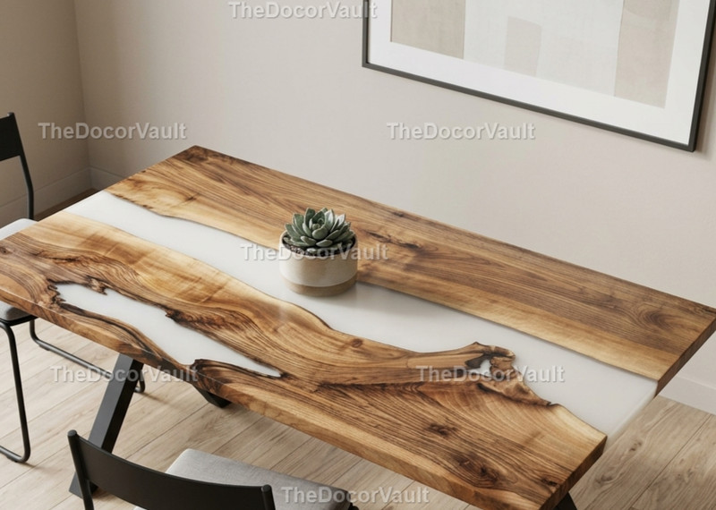 White Epoxy River Table Top – Live Edge Wood Dining Table – Custom Size Dining.. gallery