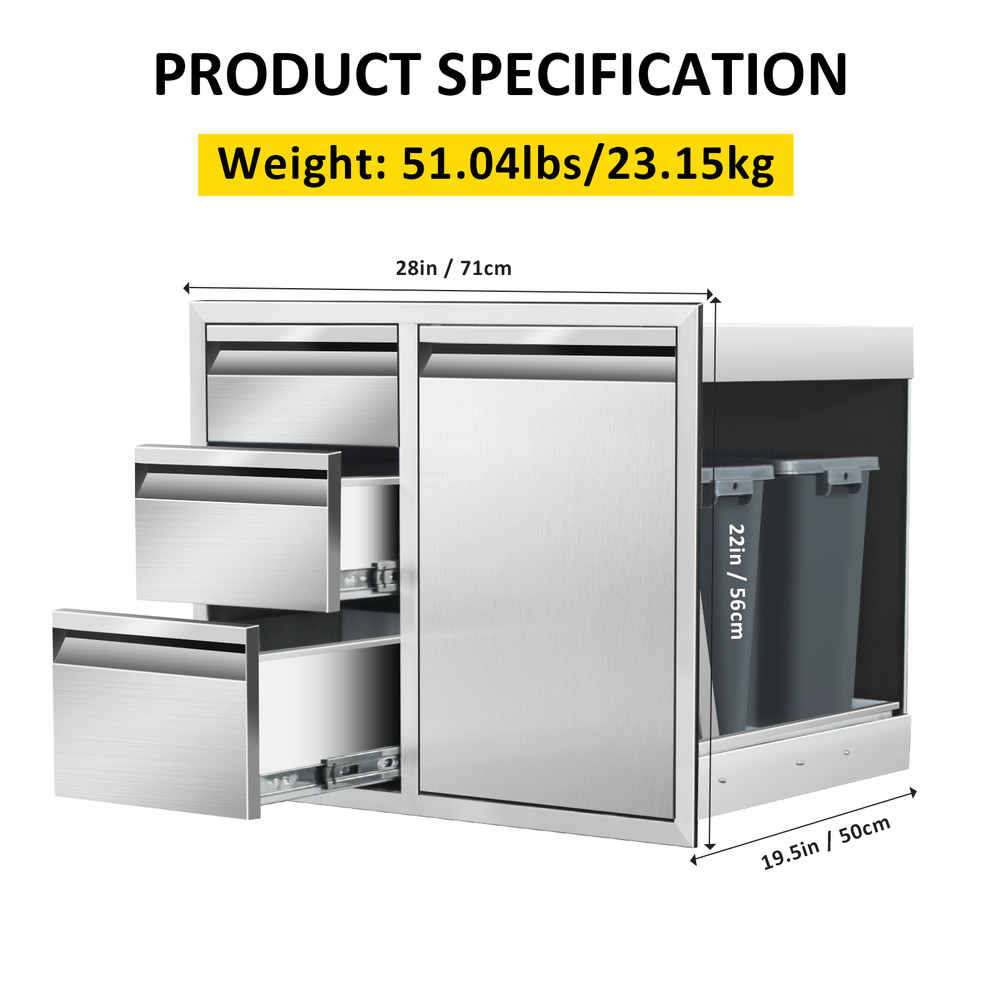 Outdoor Kitchen Drawer Combo Cabinet Steel Built-in Triple Drawers&Trash Storage